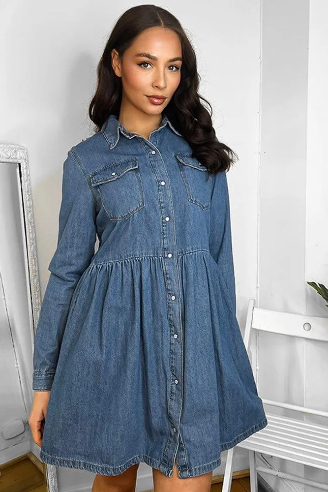 100% Cotton Blue Denim Babydoll Shirt Dress