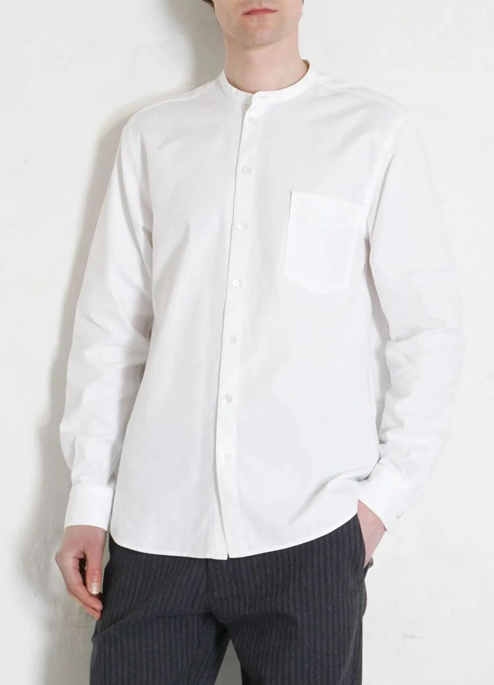 ANTE | Collarless Shirt With Chest Pocket | White