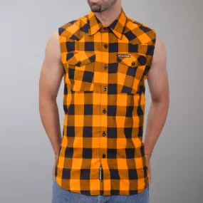 Black and Orange Sleeveless Biker Flannel Shirt for Men