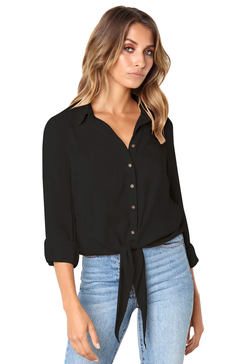 Black Crushed Button-Down Shirt Top