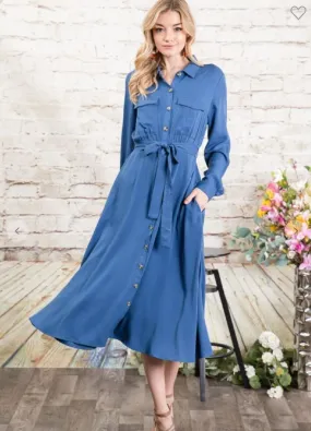 BUTTON DOWN SOLID SHIRT MIDI DRESS (2 Colors)