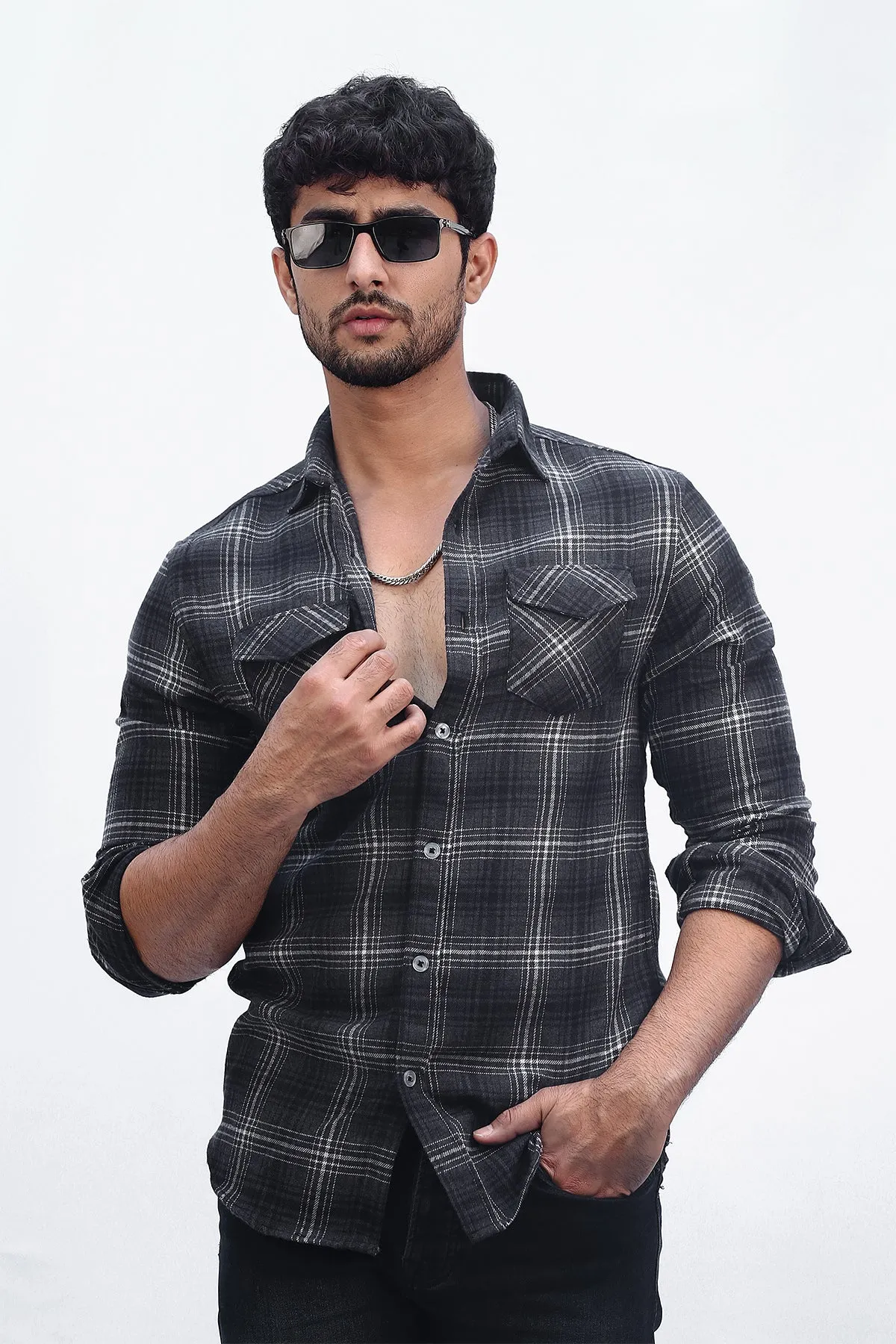 Flannel In Dark Grey with Lines