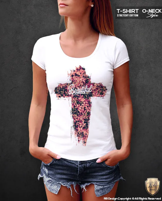 Floral Flowers Cross Women's T-shirt Beautiful Saying Ladies Tank Top WD111