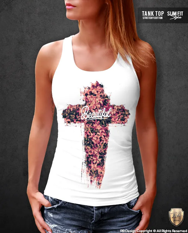 Floral Flowers Cross Women's T-shirt Beautiful Saying Ladies Tank Top WD111