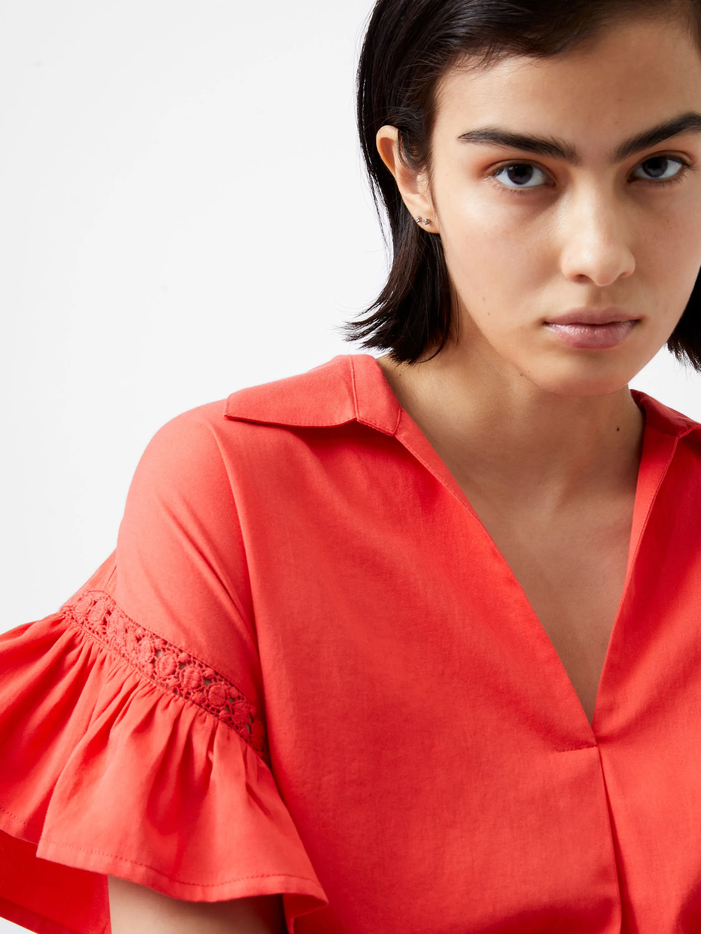 French Connection Sindey Cotton V Neck Shirt-Cayenne Red-72XDM