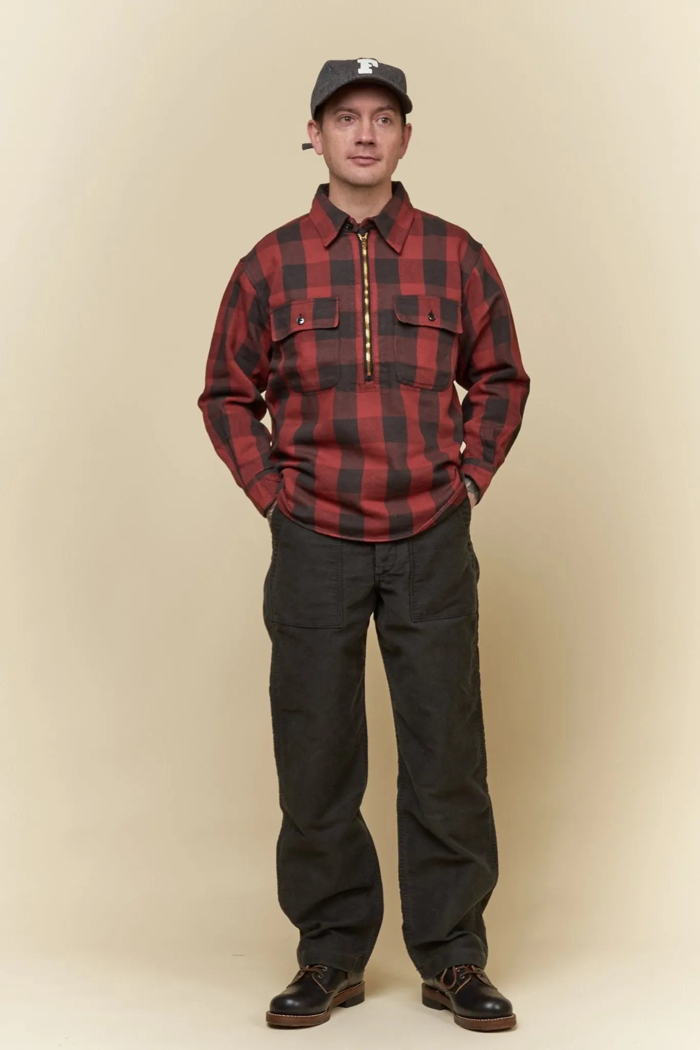 Fullcount Half Zip Pullover Classic Buffalo Check Flannel Shirt - Burgundy