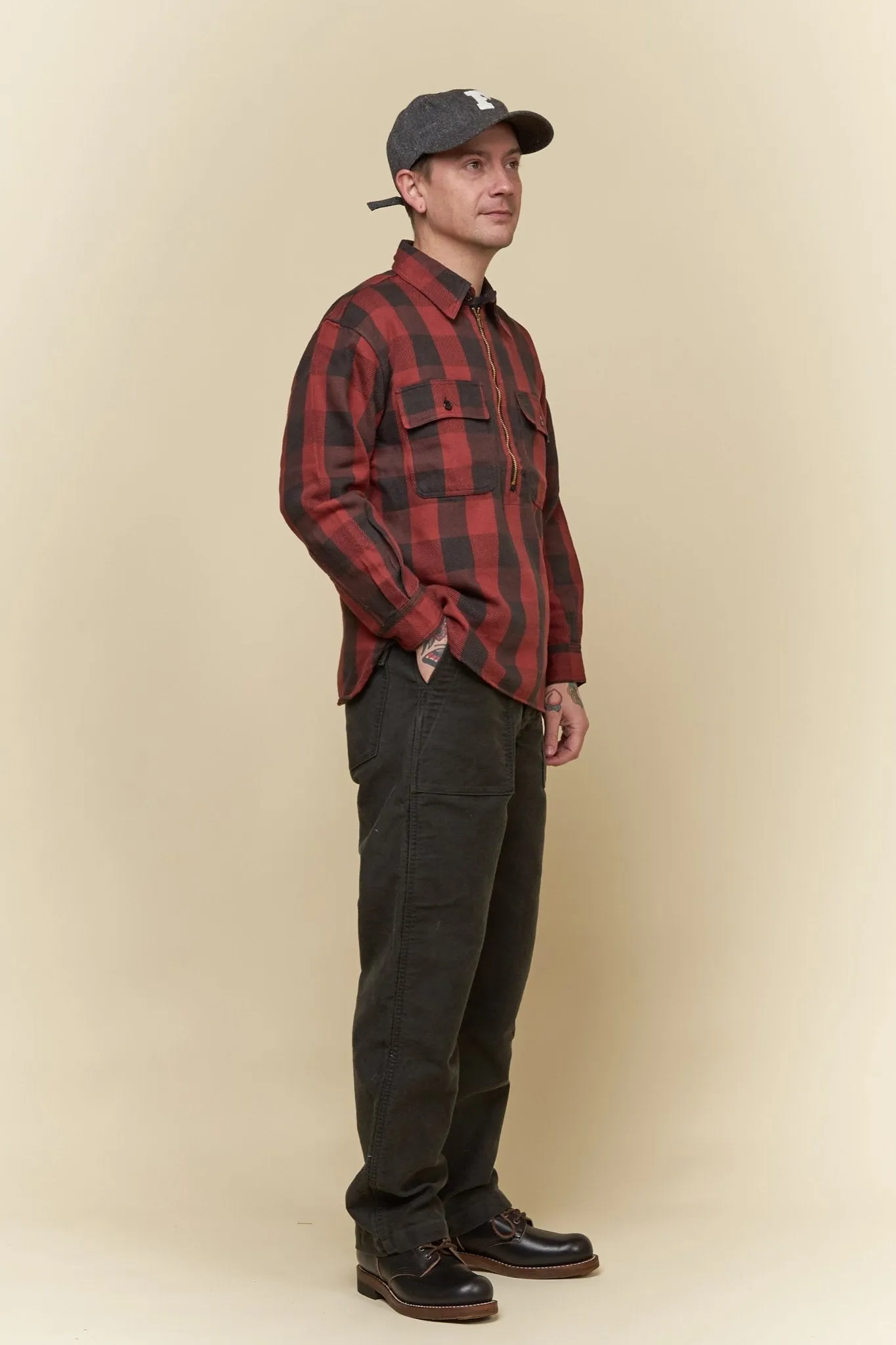 Fullcount Half Zip Pullover Classic Buffalo Check Flannel Shirt - Burgundy