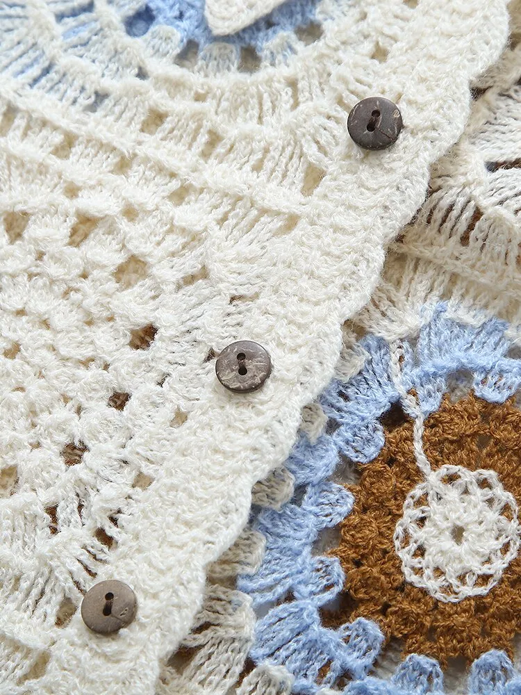 Granny Squares Button Up Collar Shirt White Or Beige With Brown Baby Blue Midrift Boho Sweater Cardigan Knitted Bohemian Long Sleeve Top One Size