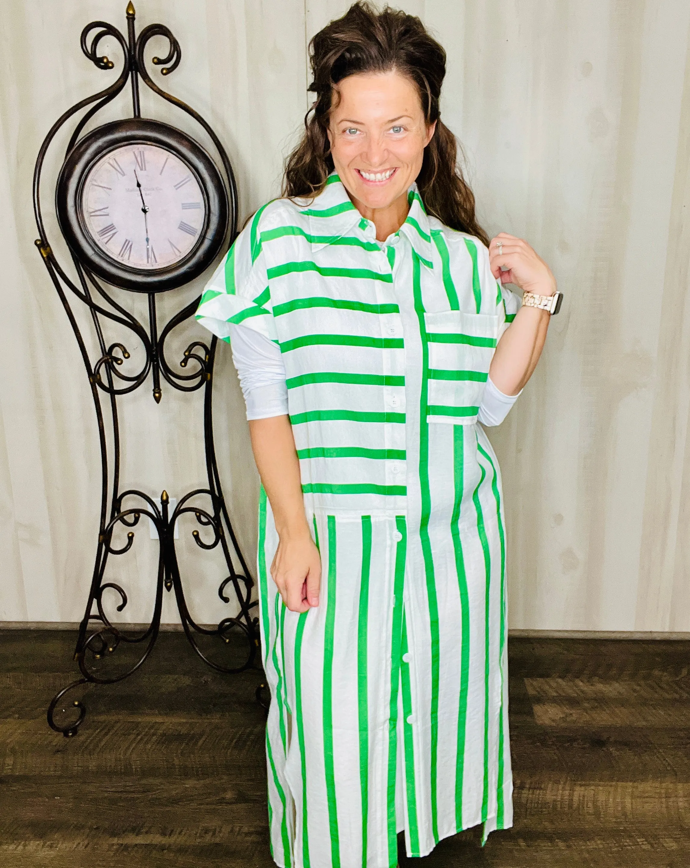 Green Striped Shirt Dress