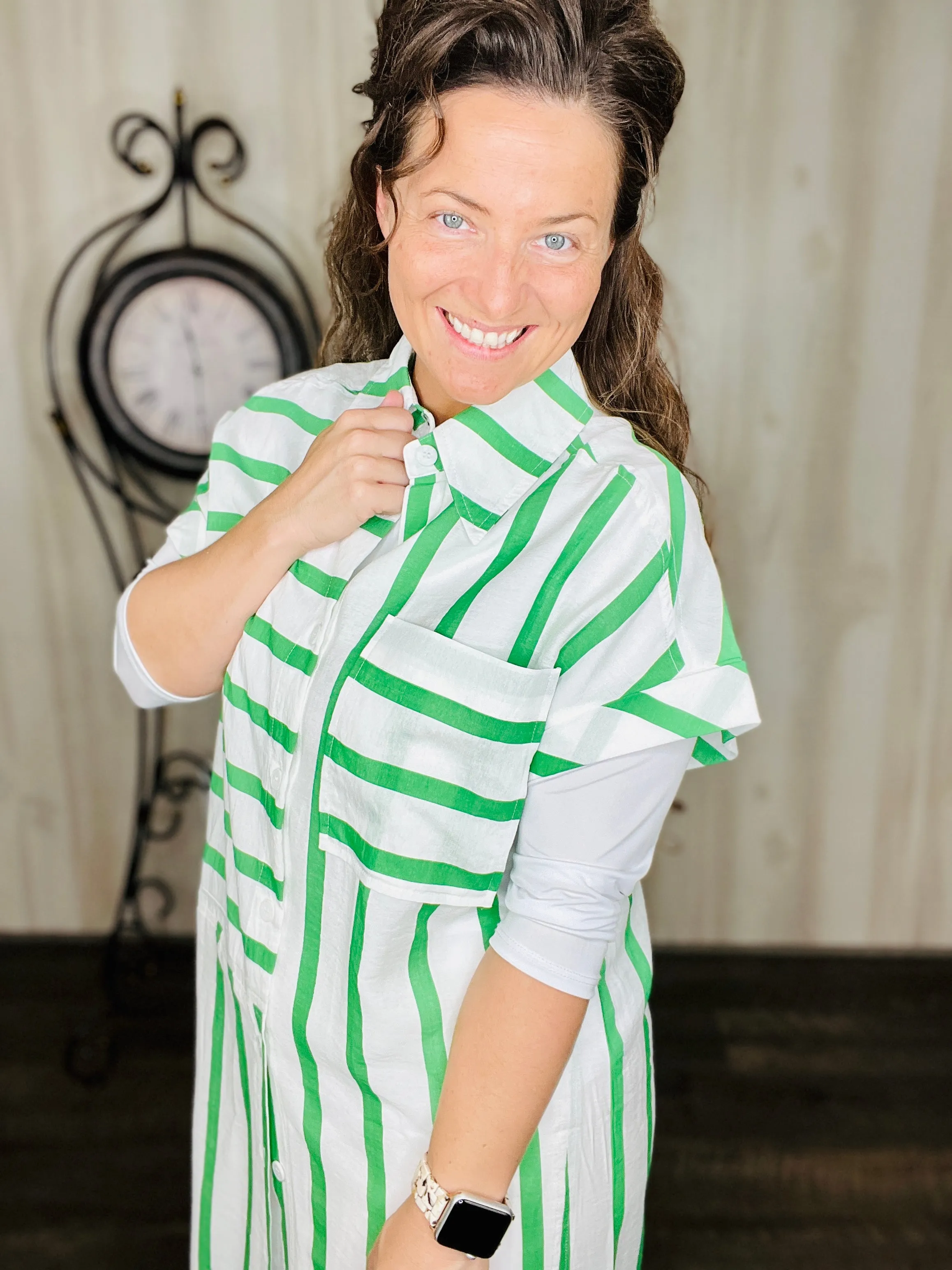 Green Striped Shirt Dress