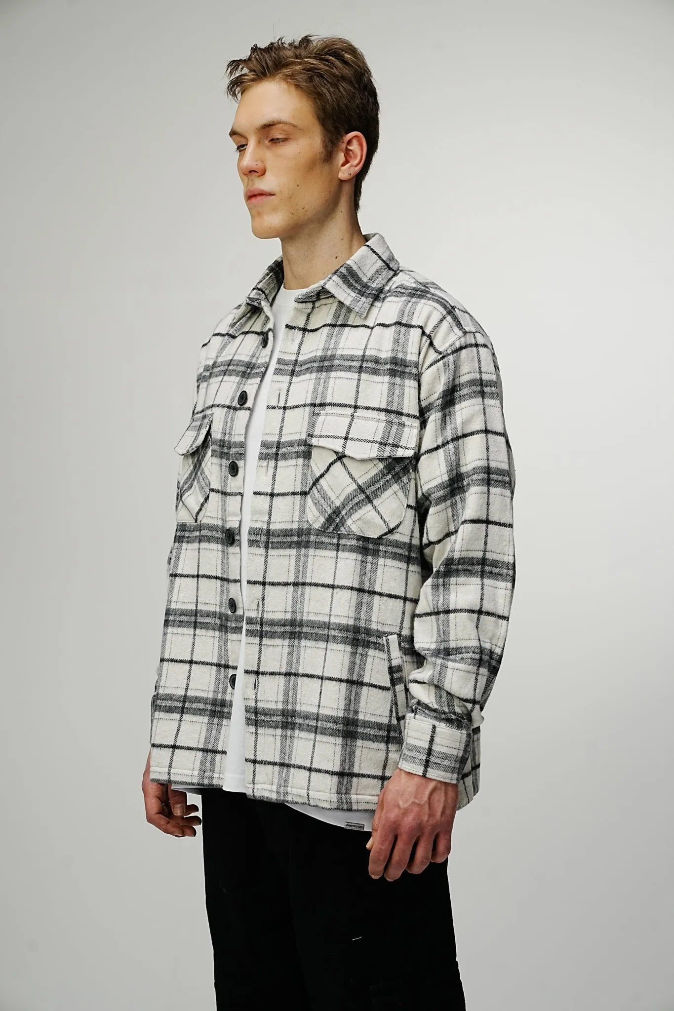 Heavy Flannel Oversized Shirt Cream Black