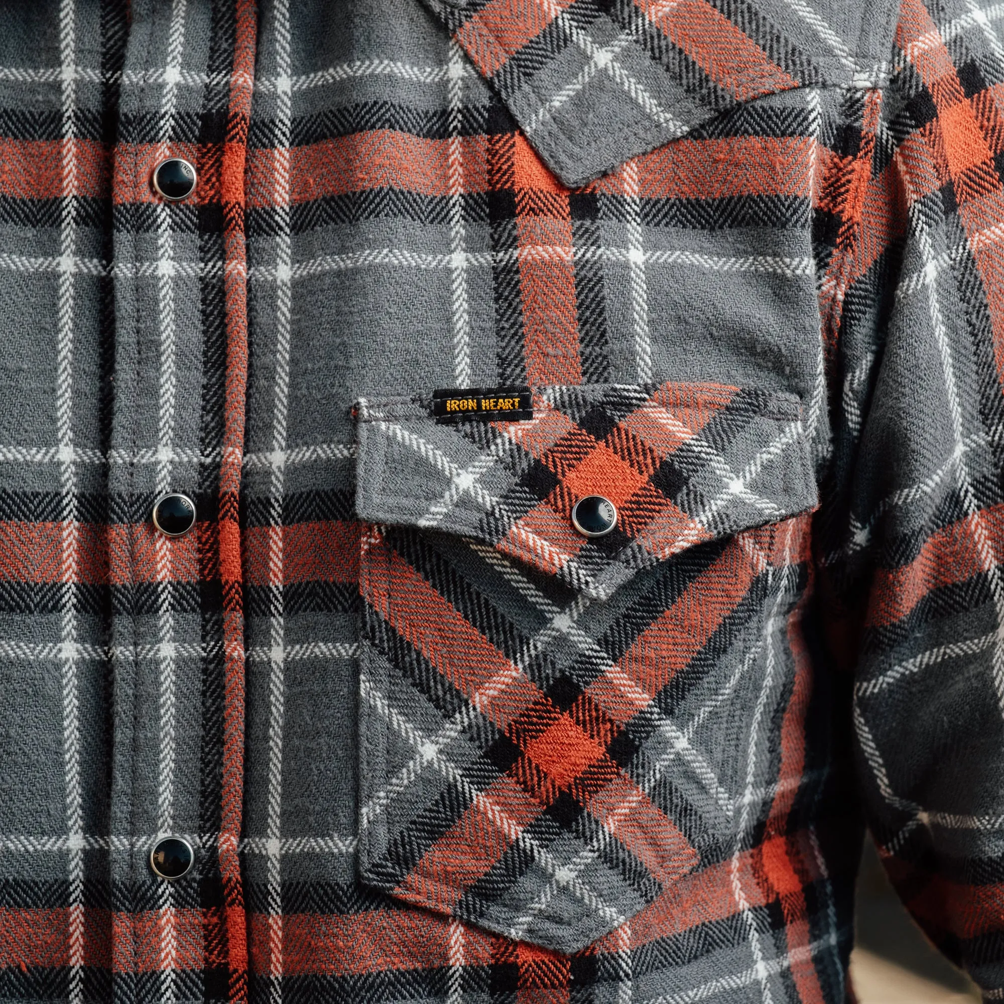 Iron Heart IHSH-369-GRY 12oz Slubby Heavy Flannel Herringbone Check Western Shirt Grey FINAL SALE