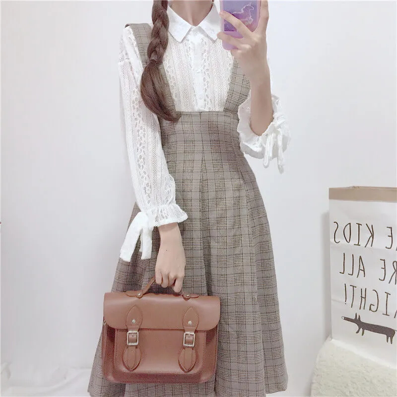 JAPANESE SWEET SOFTGIRL LACE SHIRT & PLAID SUSPENDERS DRESS BY98052