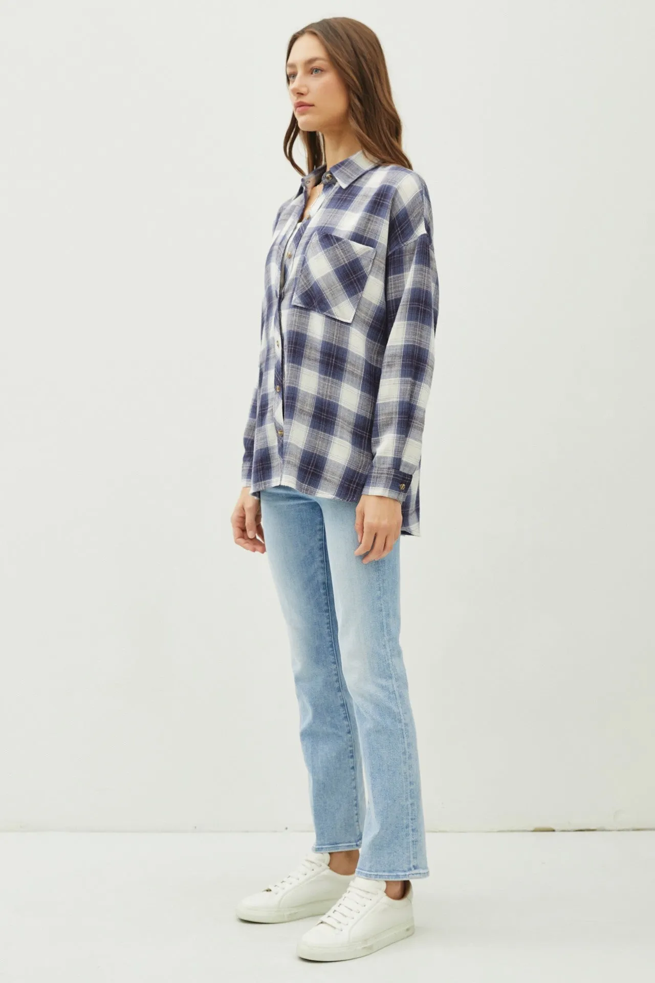 Juliette Oversize Flannel Long Sleeve Top Blue