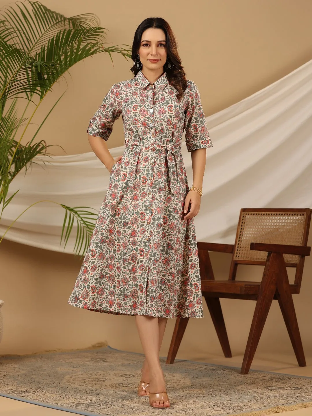 Juniper Ivory Floral Printed Pure Cotton A-line Dress & Belt With Beads & Sequins Work