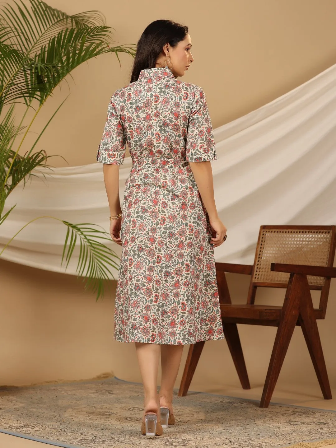 Juniper Ivory Floral Printed Pure Cotton A-line Dress & Belt With Beads & Sequins Work