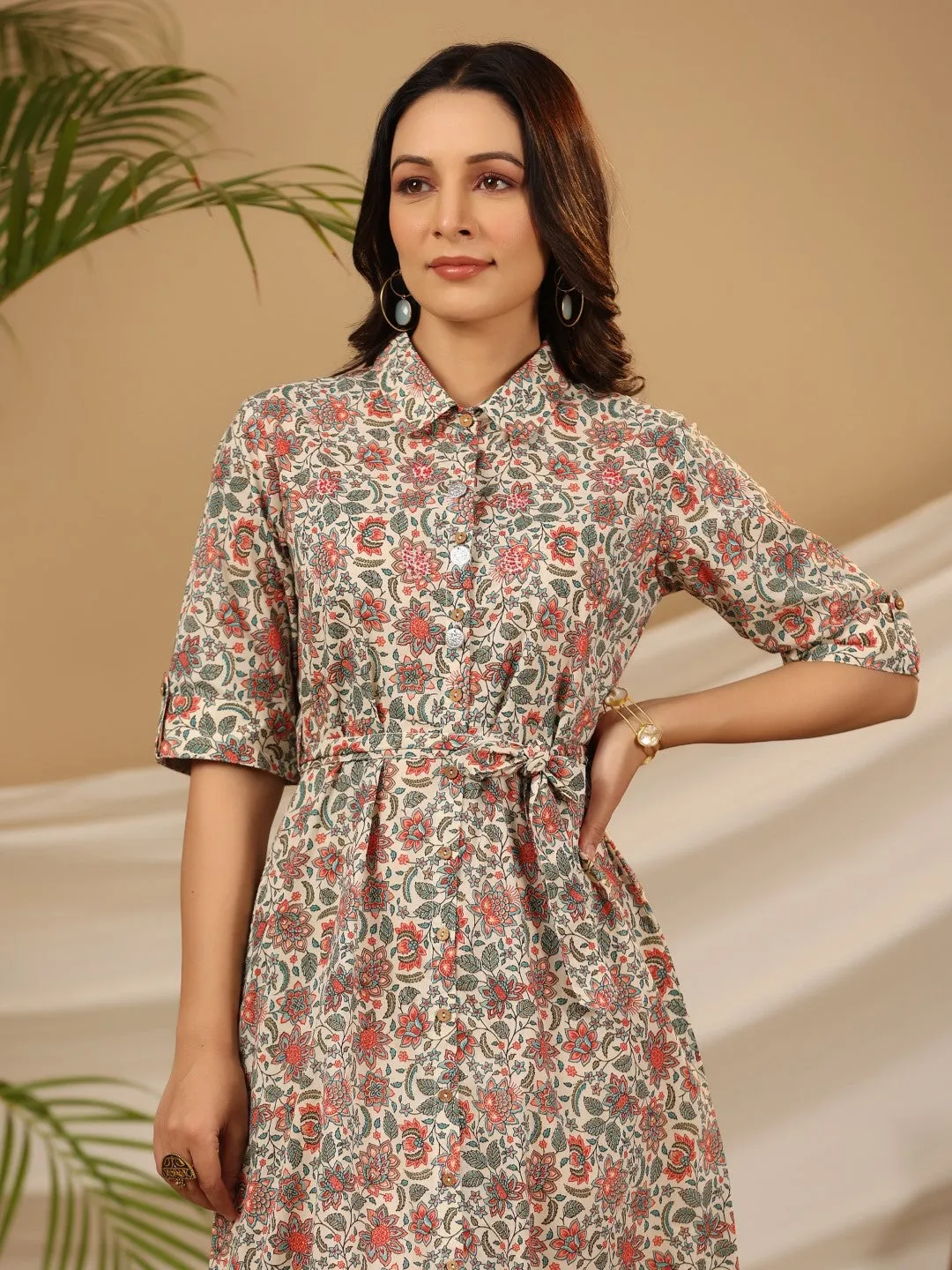 Juniper Ivory Floral Printed Pure Cotton A-line Dress & Belt With Beads & Sequins Work