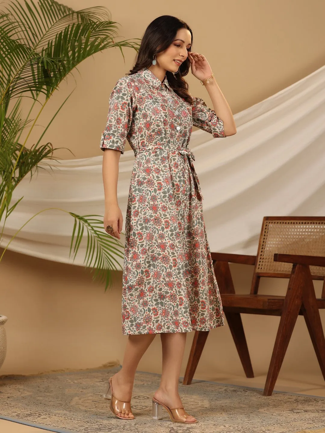 Juniper Ivory Floral Printed Pure Cotton A-line Dress & Belt With Beads & Sequins Work