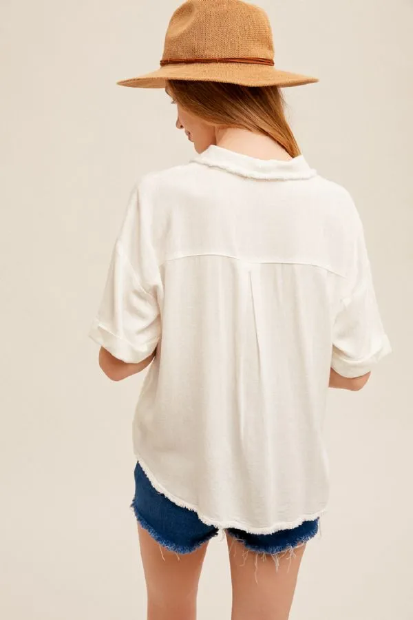 Lapel Collar Button Down V-Neck Short Sleeve Top