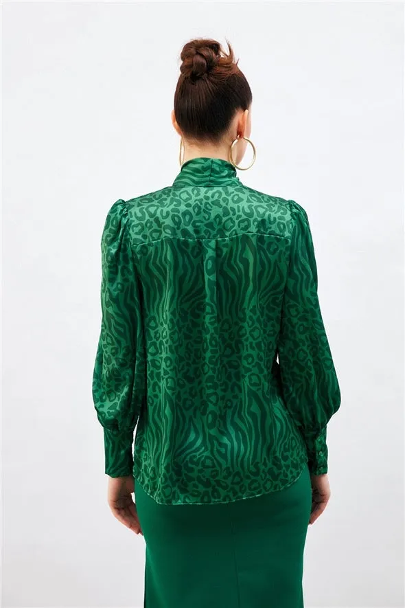 Leopard Patterned Shirt with Scarf- Green