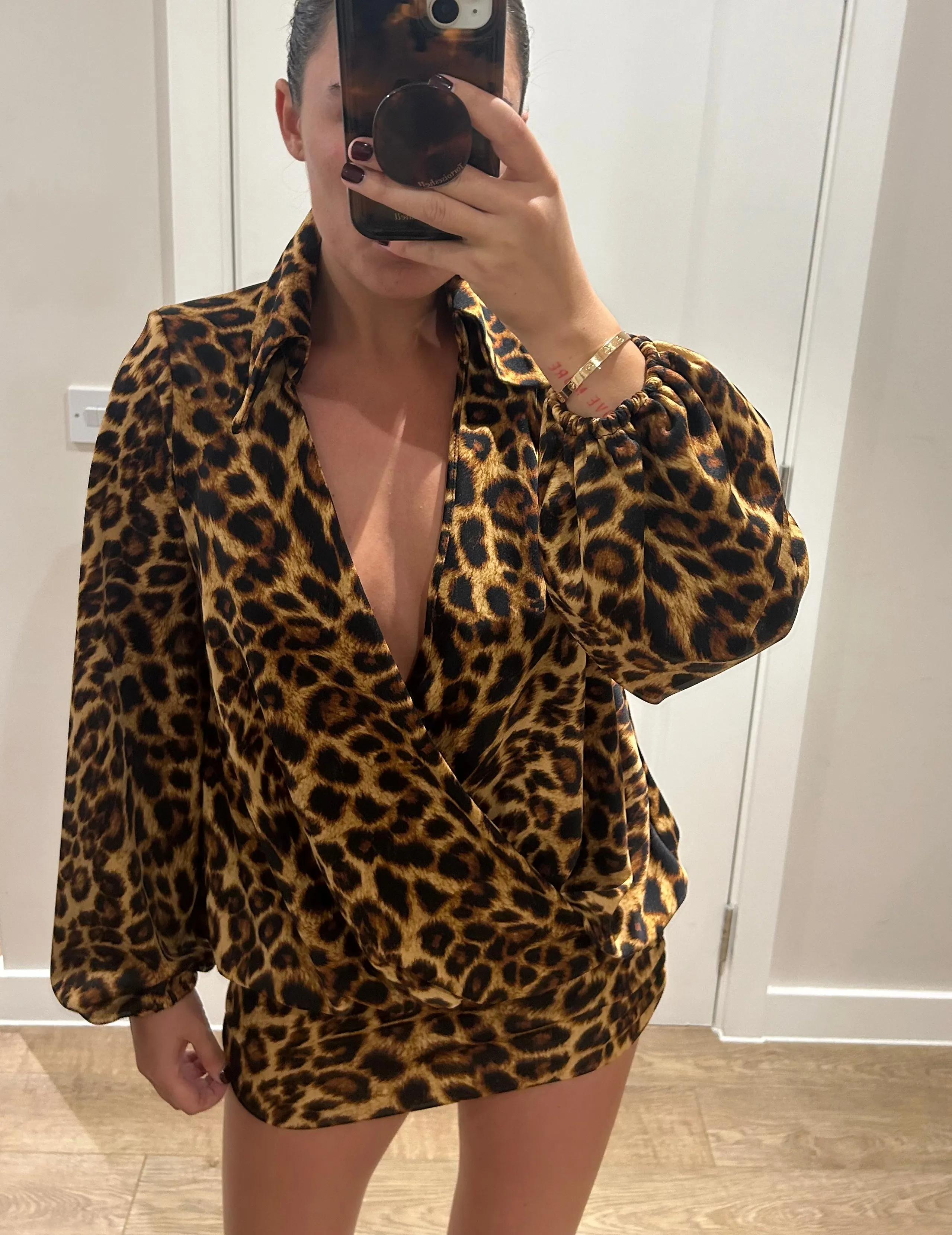 Leopard V Neck Shirt Mini Dress