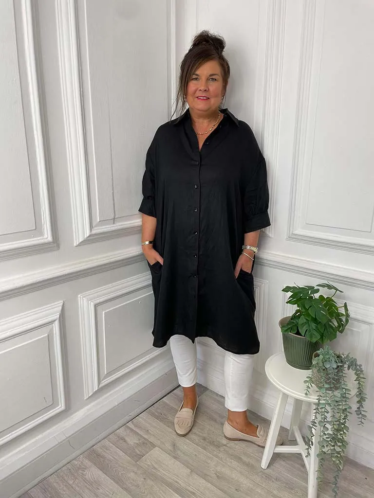 Linen Shirt Dress - Black