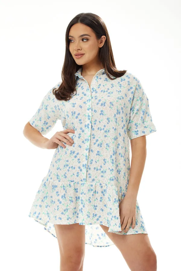 Liquorish Blue Floral Mini Shirt Dress In White