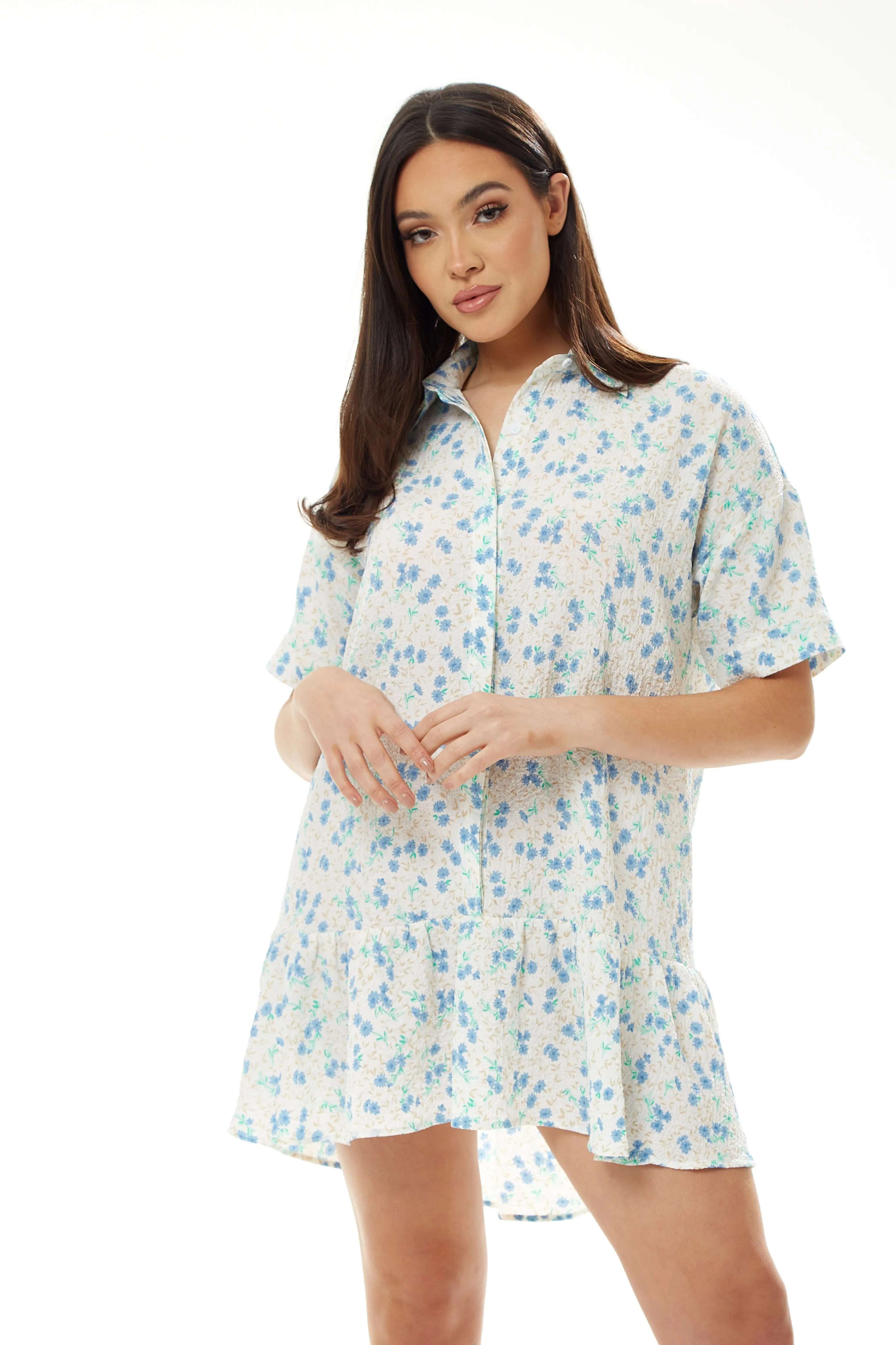 Liquorish Blue Floral Mini Shirt Dress In White