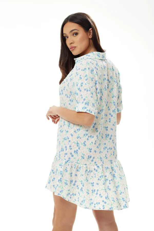 Liquorish Blue Floral Mini Shirt Dress In White