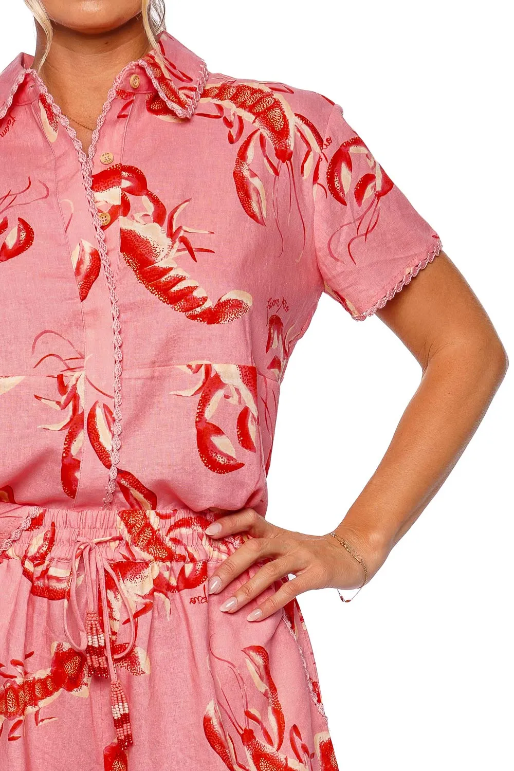 Lobsters Crochet Trim Button Down Shirt