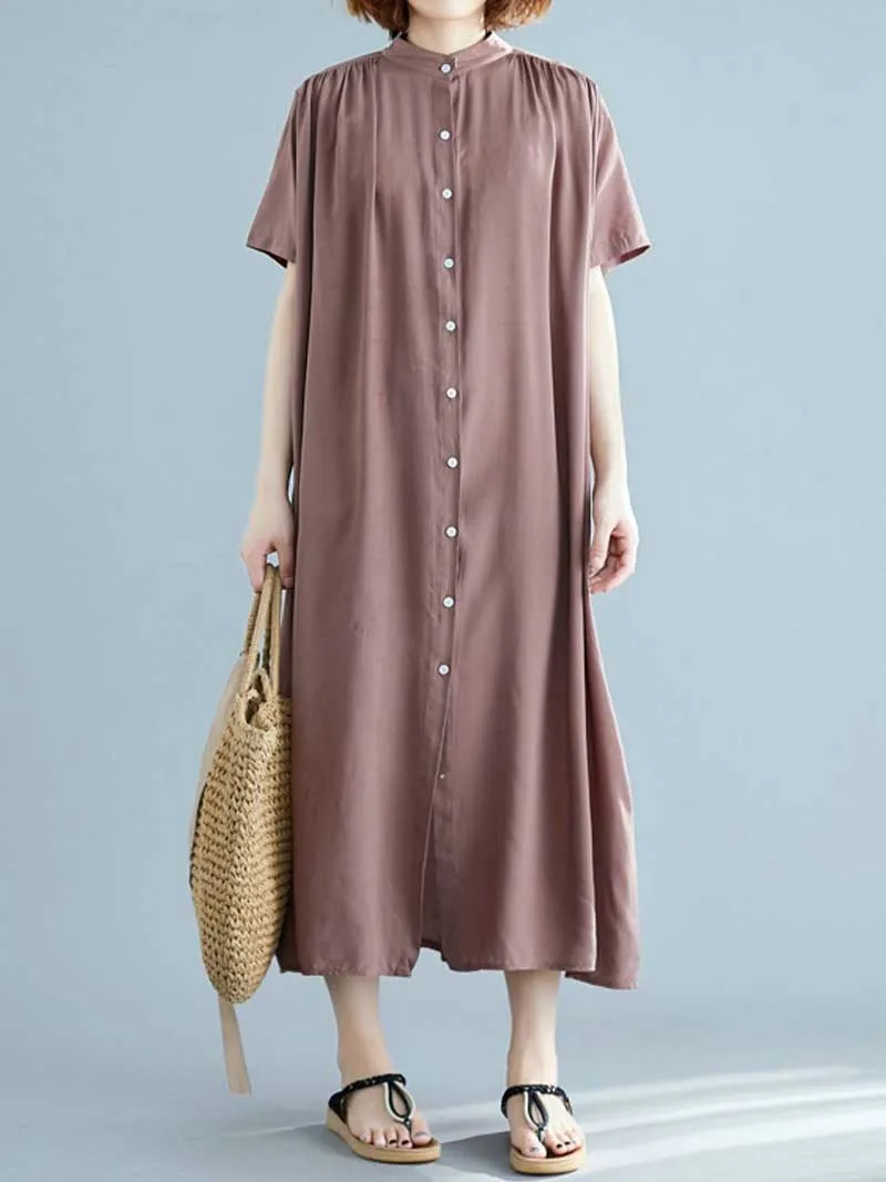 Long Cotton Front Button Cotton Shirt Dress (Navy Blue - Army Green - Brown)