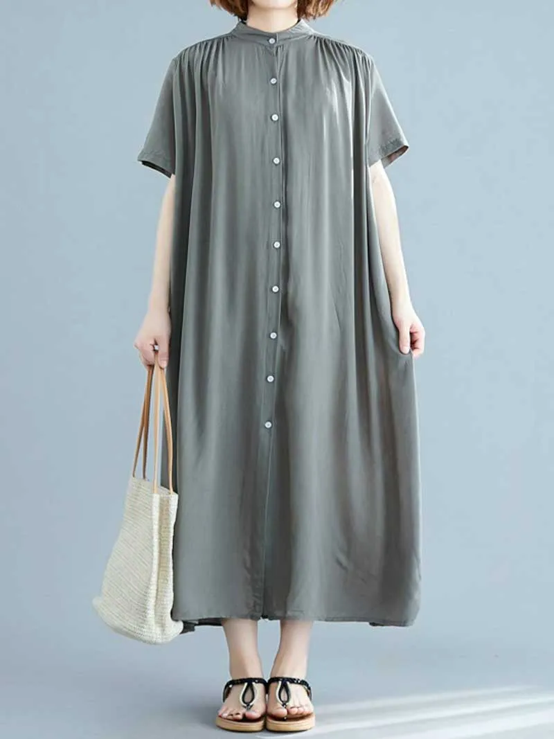 Long Cotton Front Button Cotton Shirt Dress (Navy Blue - Army Green - Brown)