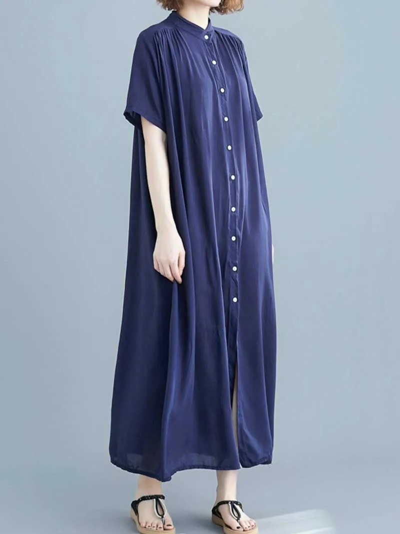 Long Cotton Front Button Cotton Shirt Dress (Navy Blue - Army Green - Brown)