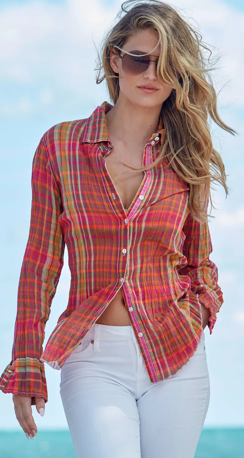 Stylish Madras Plaid Citrus Button Down Shirt