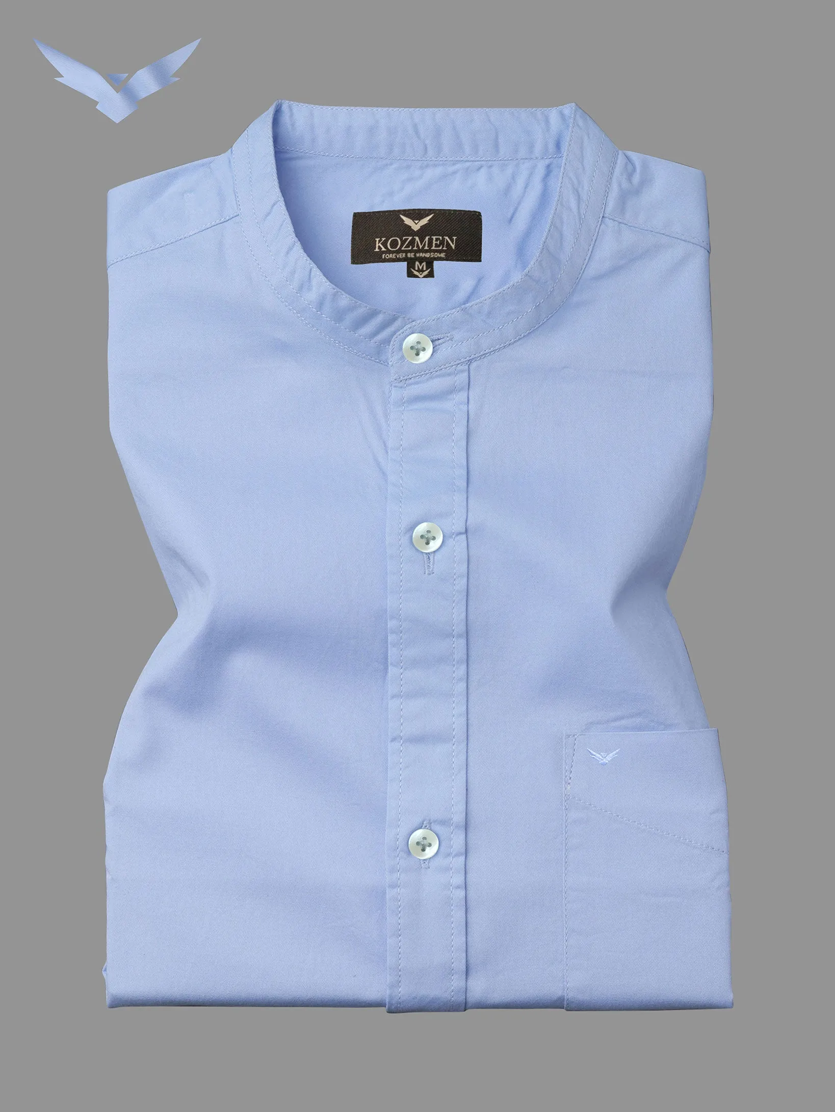 Maya Blue Premium Super Soft Solid Cotton Mandarin Collar Shirt