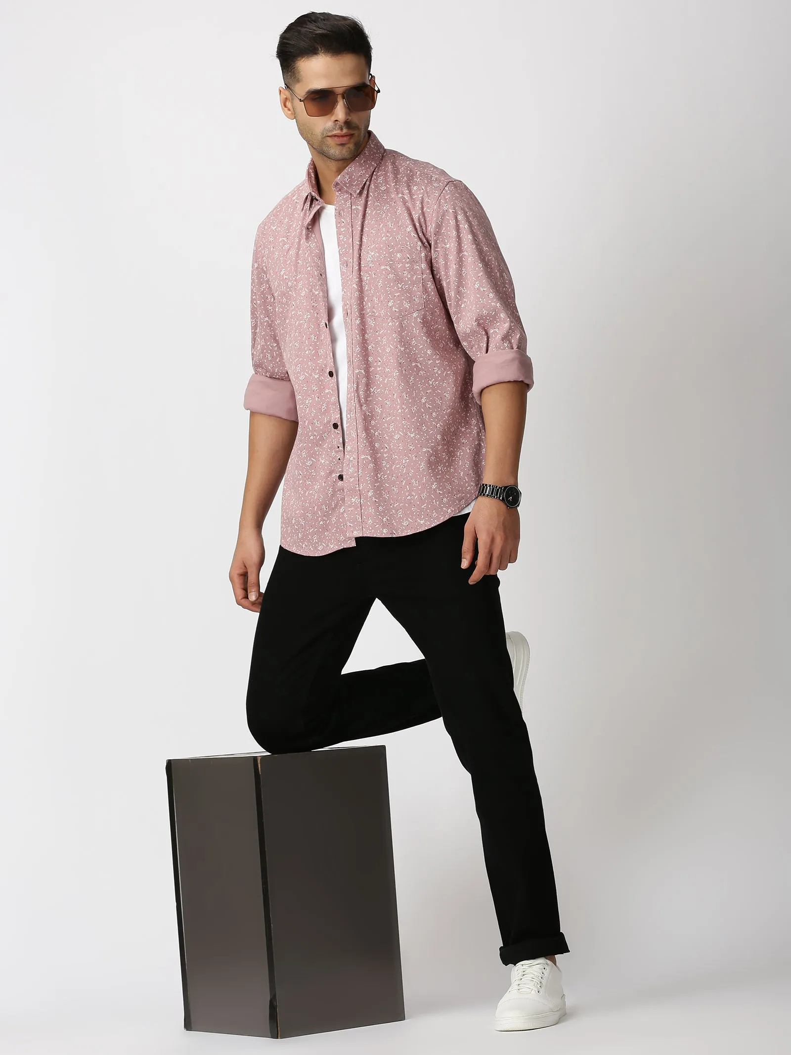 MEN'S DK PINK PRINT SLIM FIT SHIRT