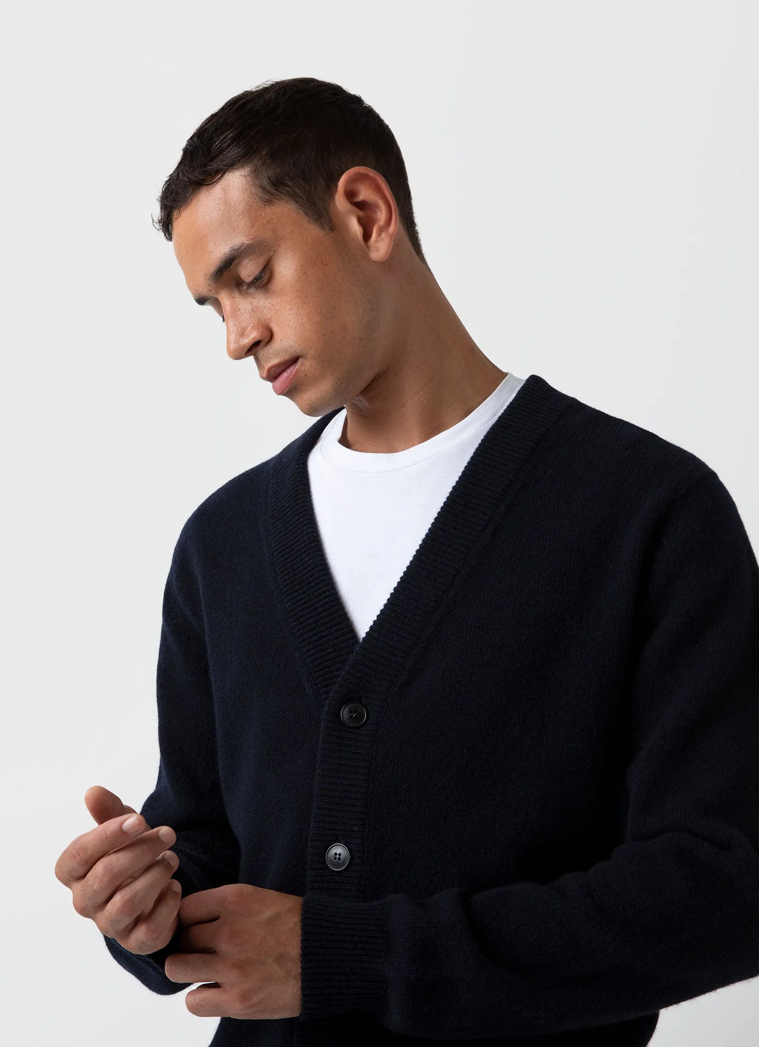 Men's Lambswool Cardigan in Dark Navy Mouline