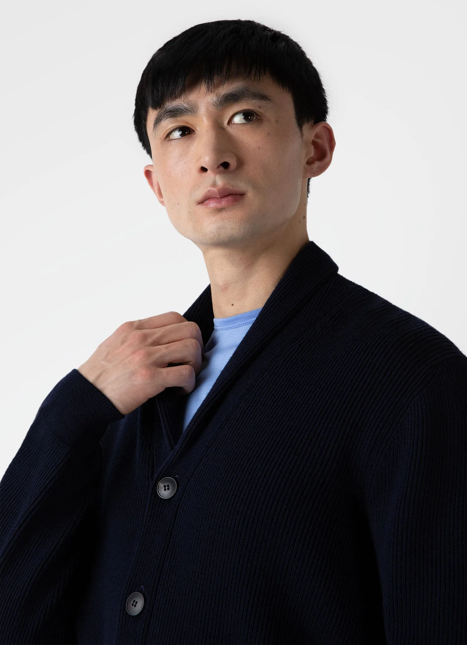 Men's Ribbed Shawl Neck Cardigan in Navy