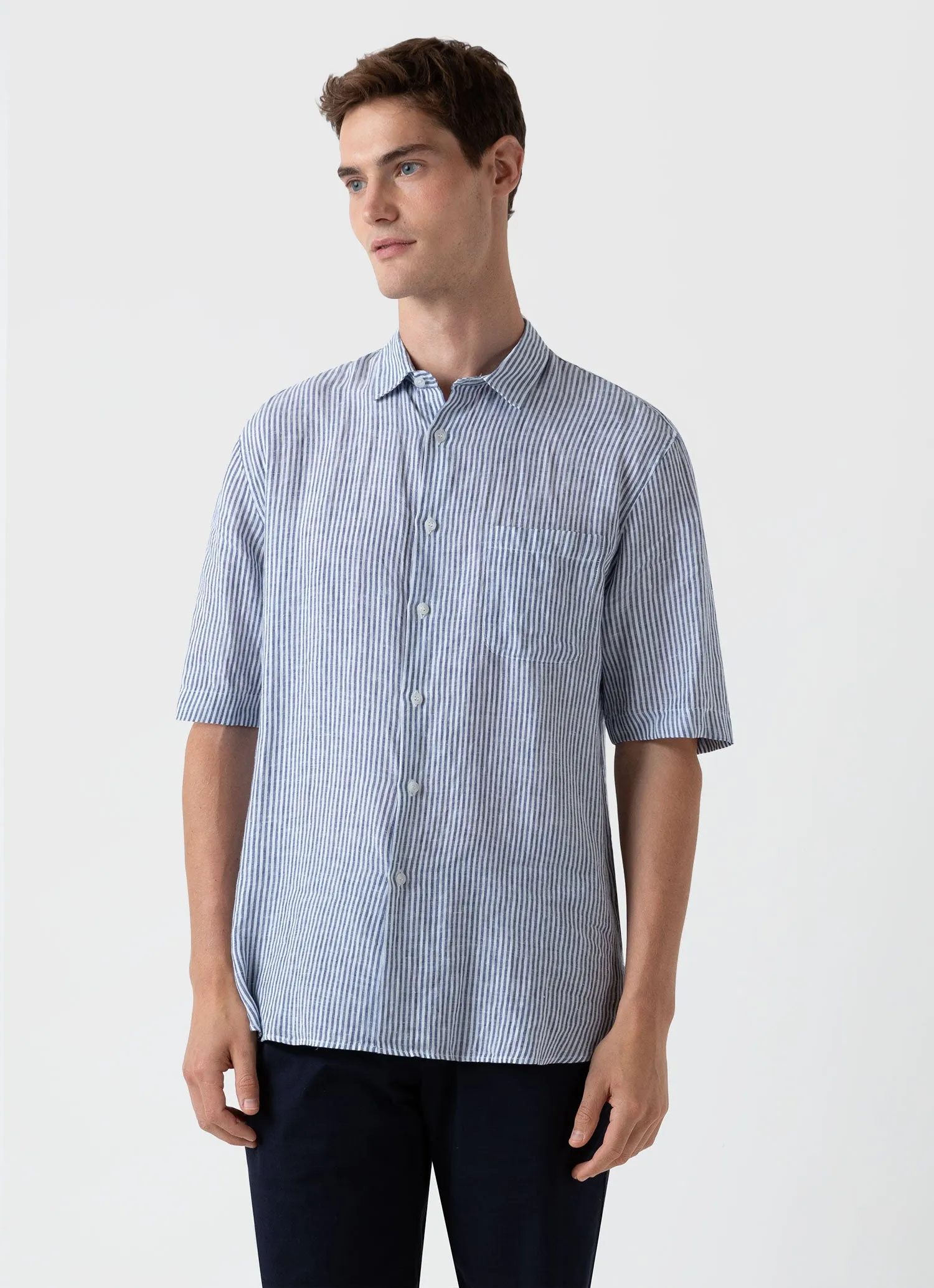 Men's Short Sleeve Linen Shirt in Navy/White Classic Stripe