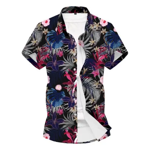 Mens Short Sleeve Summer Hawaiian Holiday Slim Fit Floral print casual Button Up Shirt