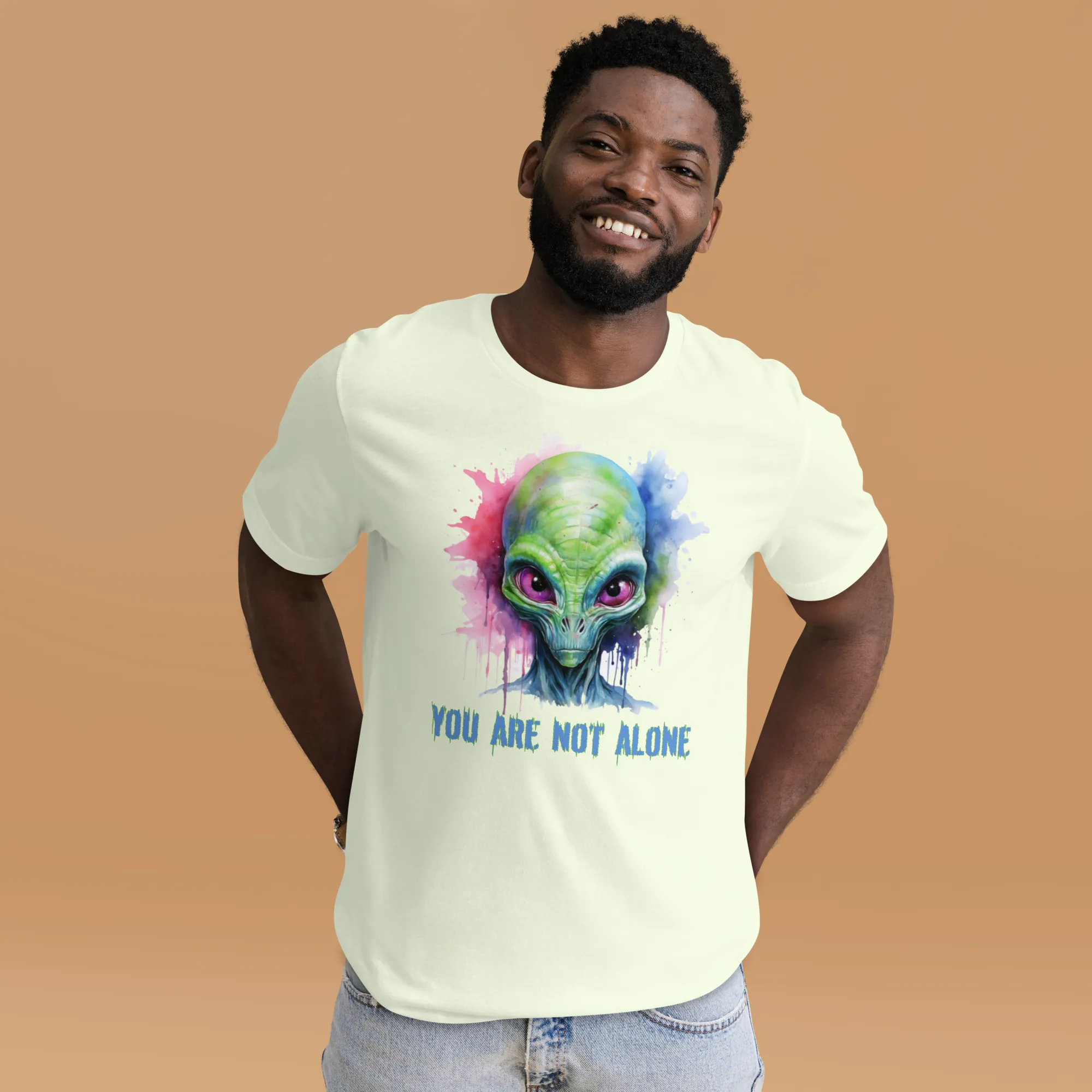 Men's You Are Not Alone Alien Watercolor Effect Graphic T-Shirt