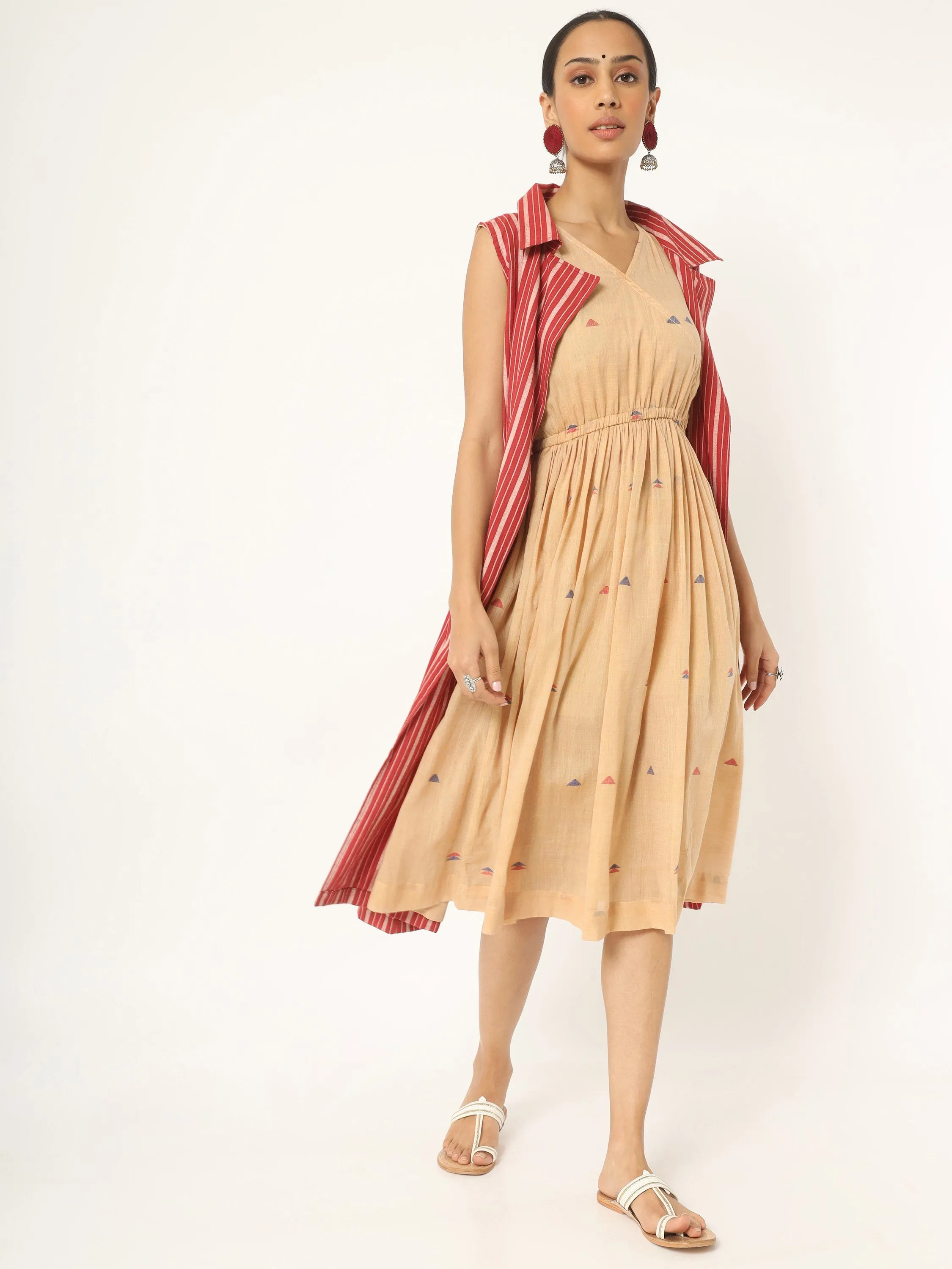 Muslin Cotton Jamdani Gathered Dress with Red Coat Shrug