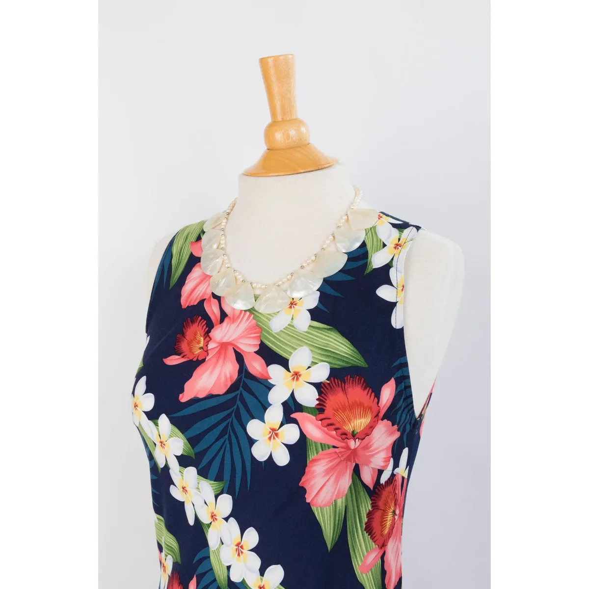 Navy Blue Orchid Floral Print Dress, Blue