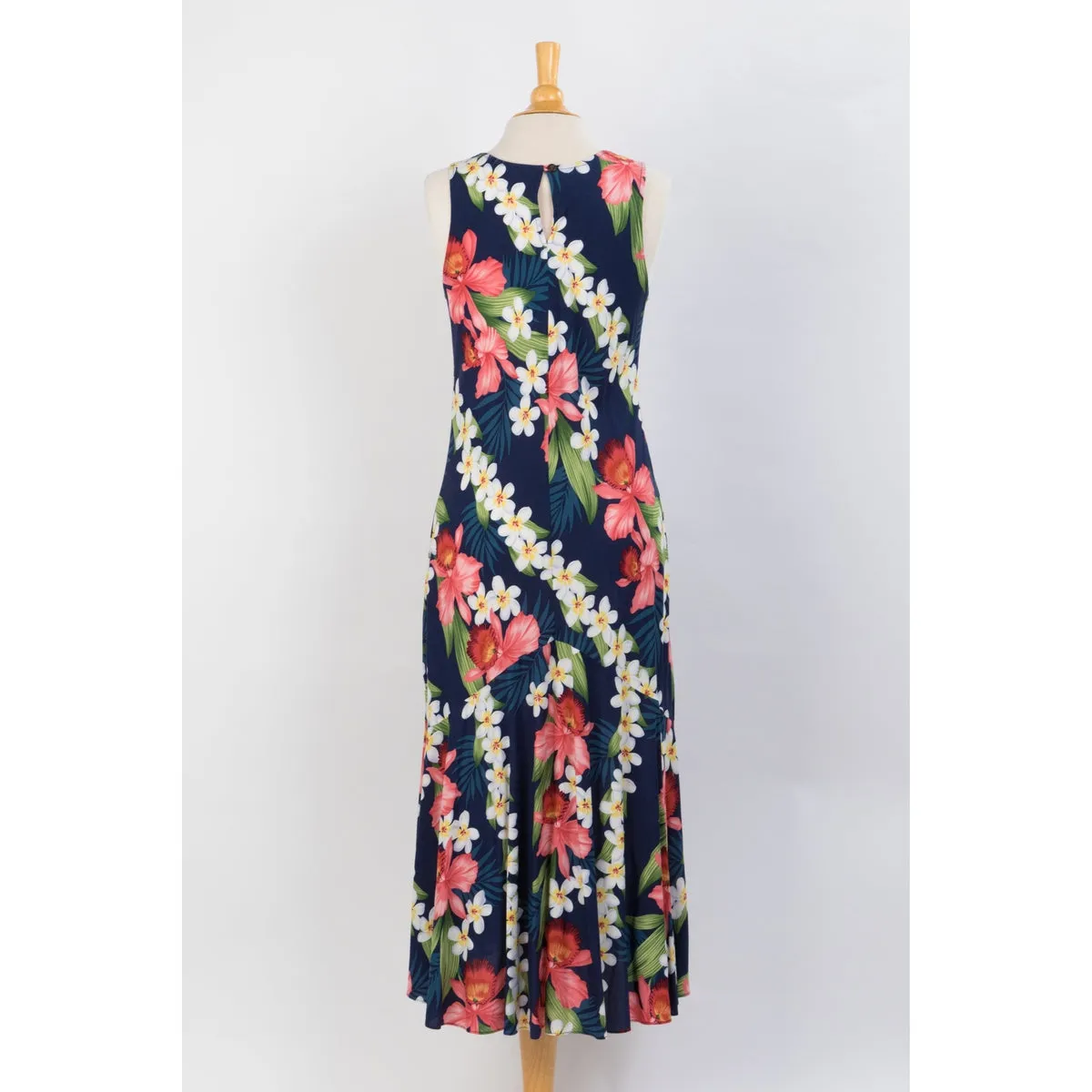 Navy Blue Orchid Floral Print Dress, Blue