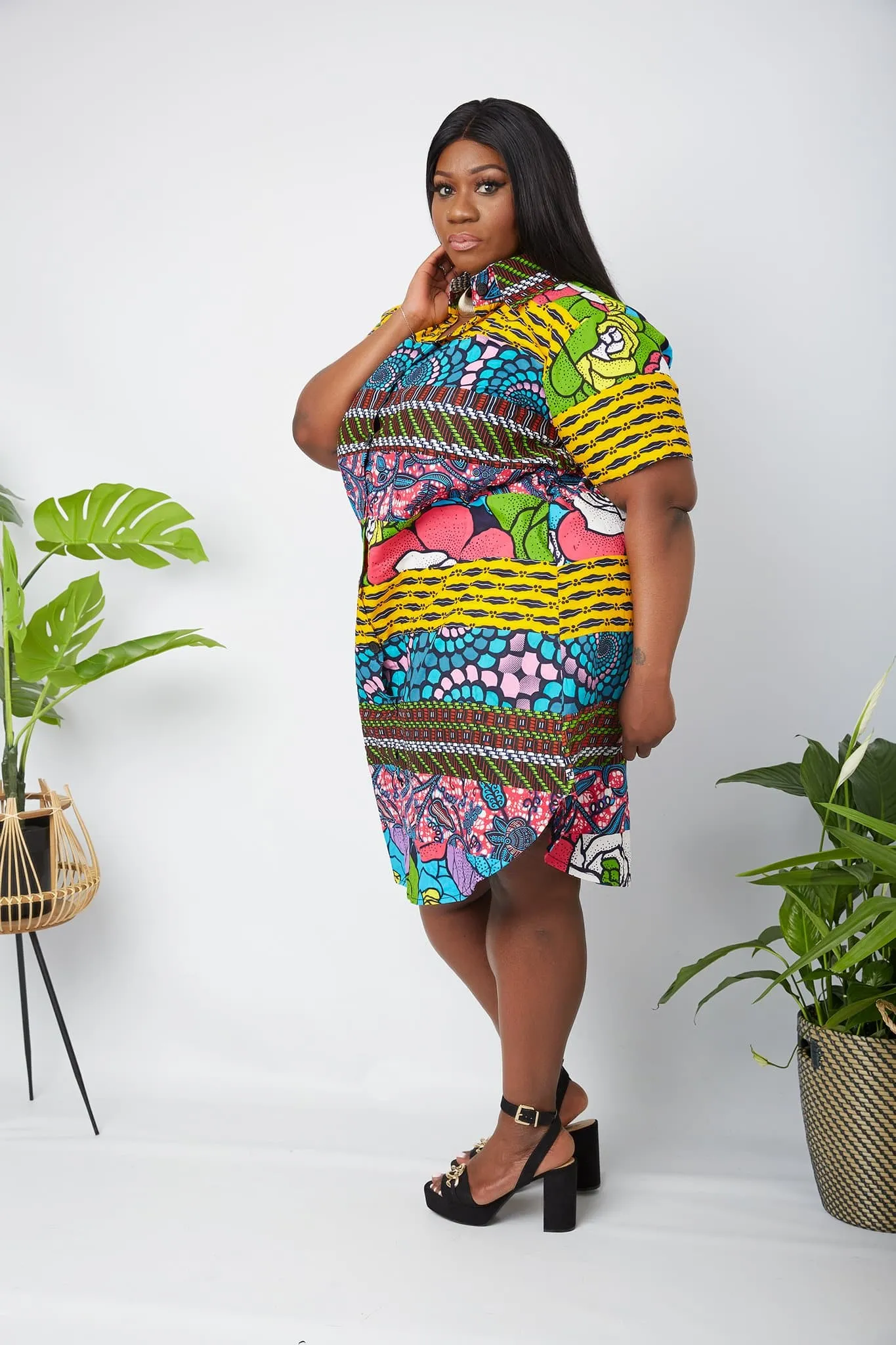 New In African Mixed Print Patchwork Shirt Dress - Uloma