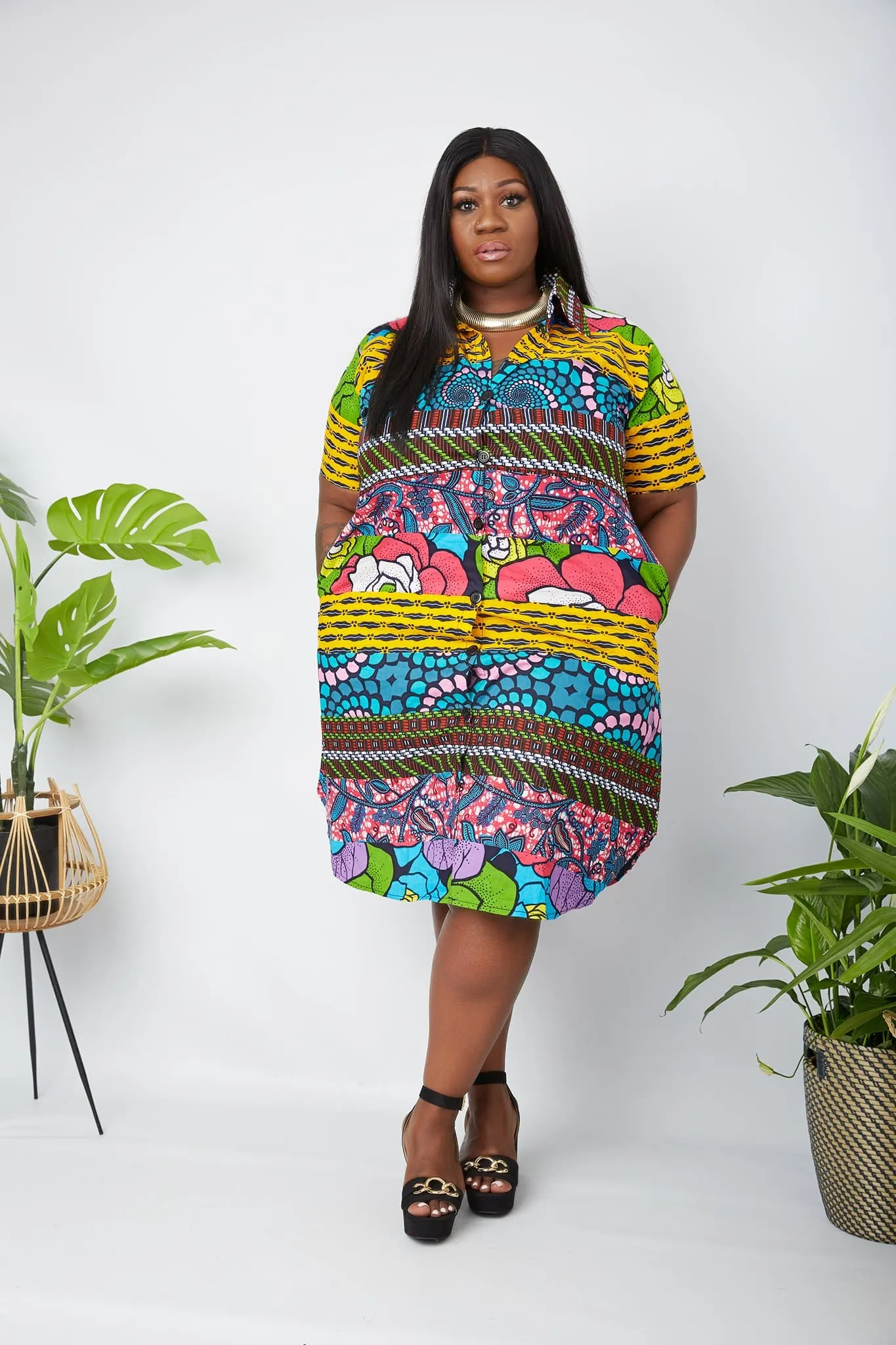 New In African Mixed Print Patchwork Shirt Dress - Uloma