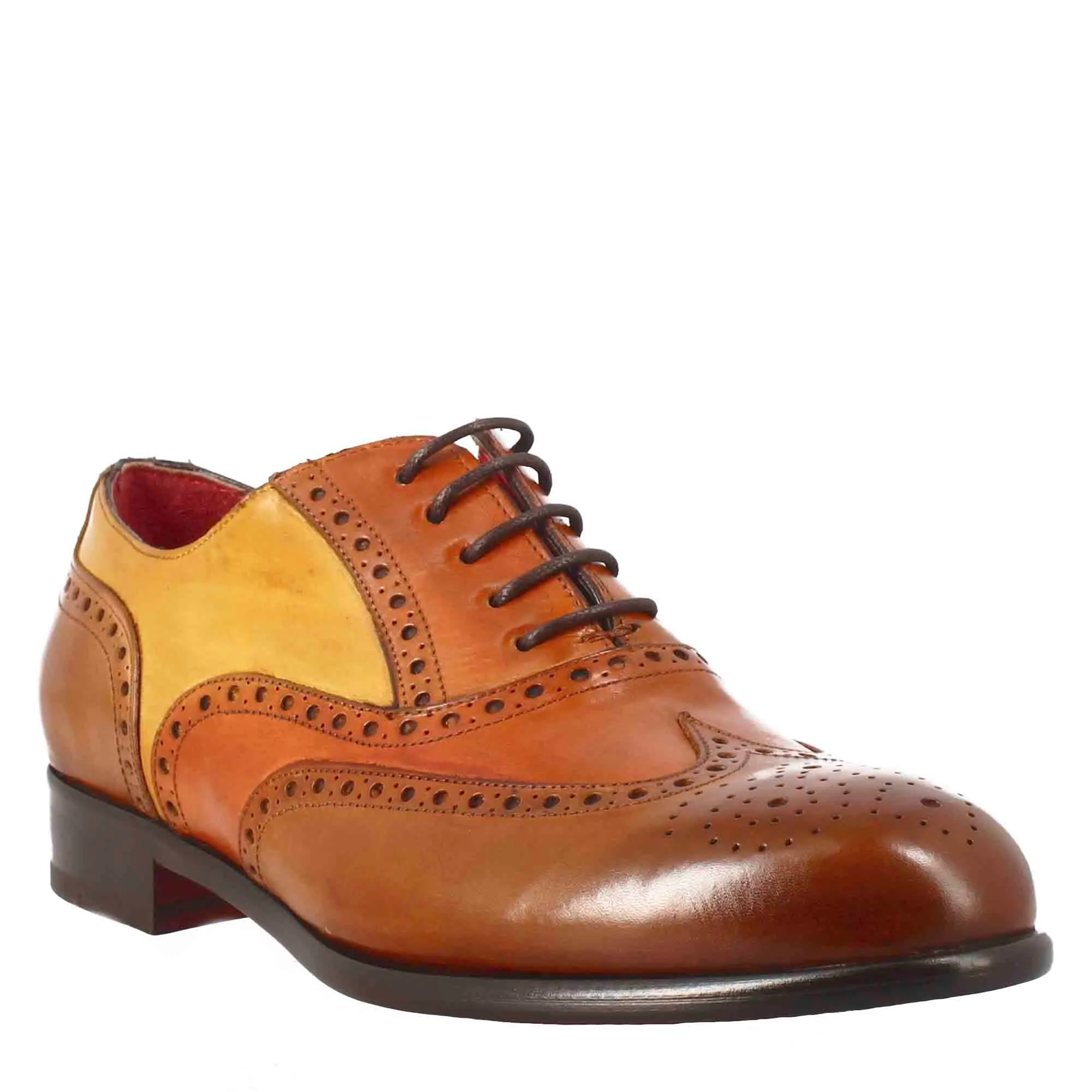 Oxford brogue marrone arancio e giallo elegante da uomo in pelle