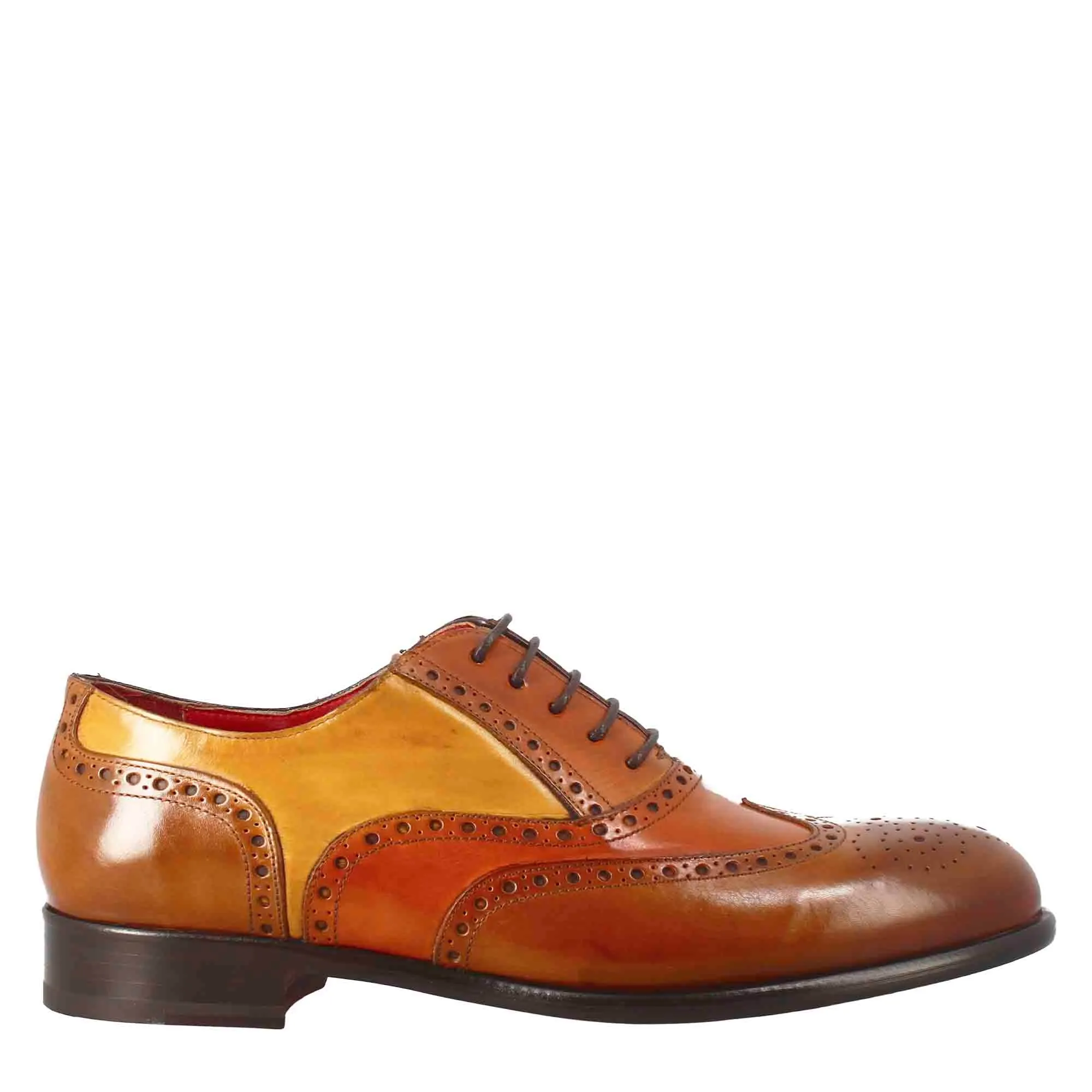 Oxford brogue marrone arancio e giallo elegante da uomo in pelle