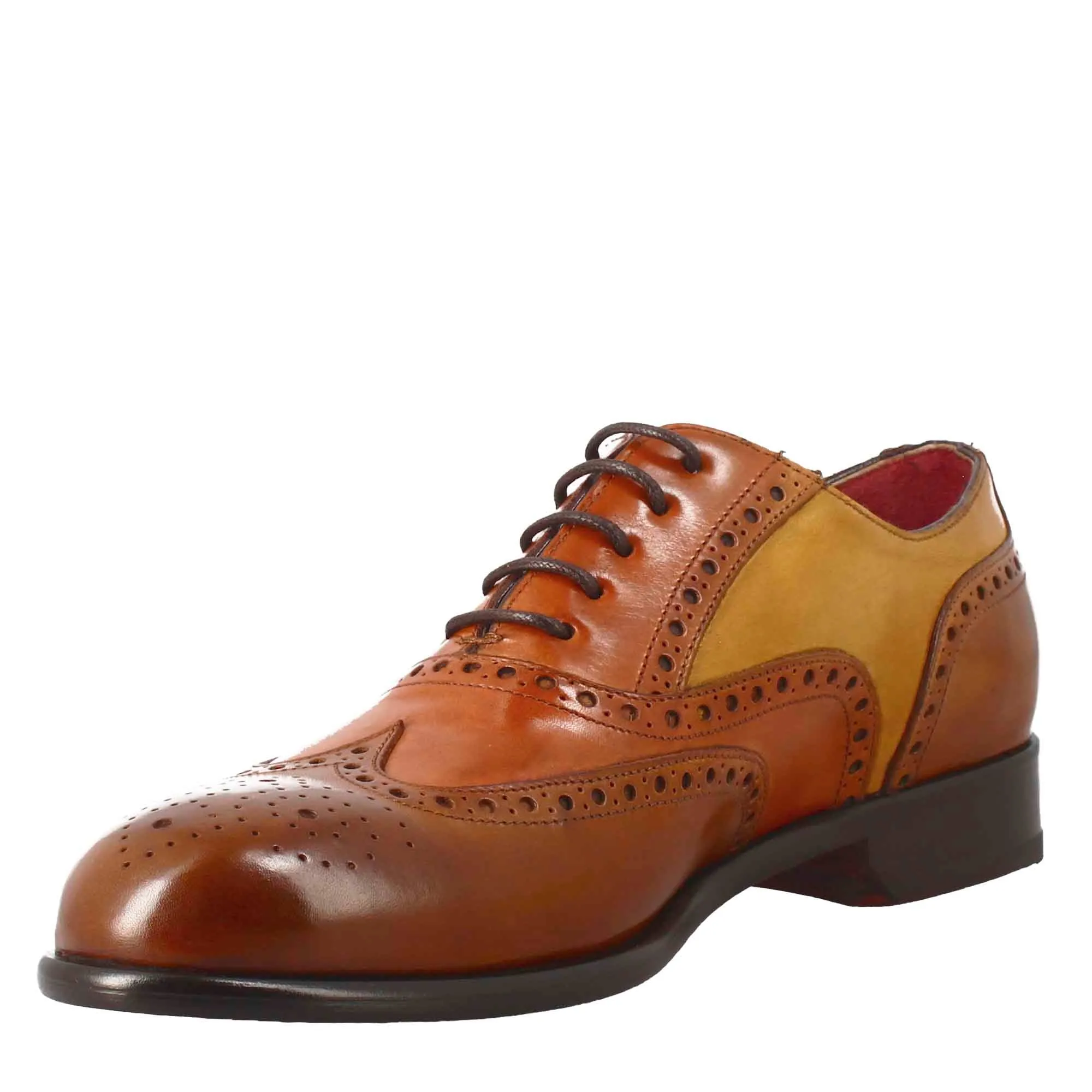 Oxford brogue marrone arancio e giallo elegante da uomo in pelle