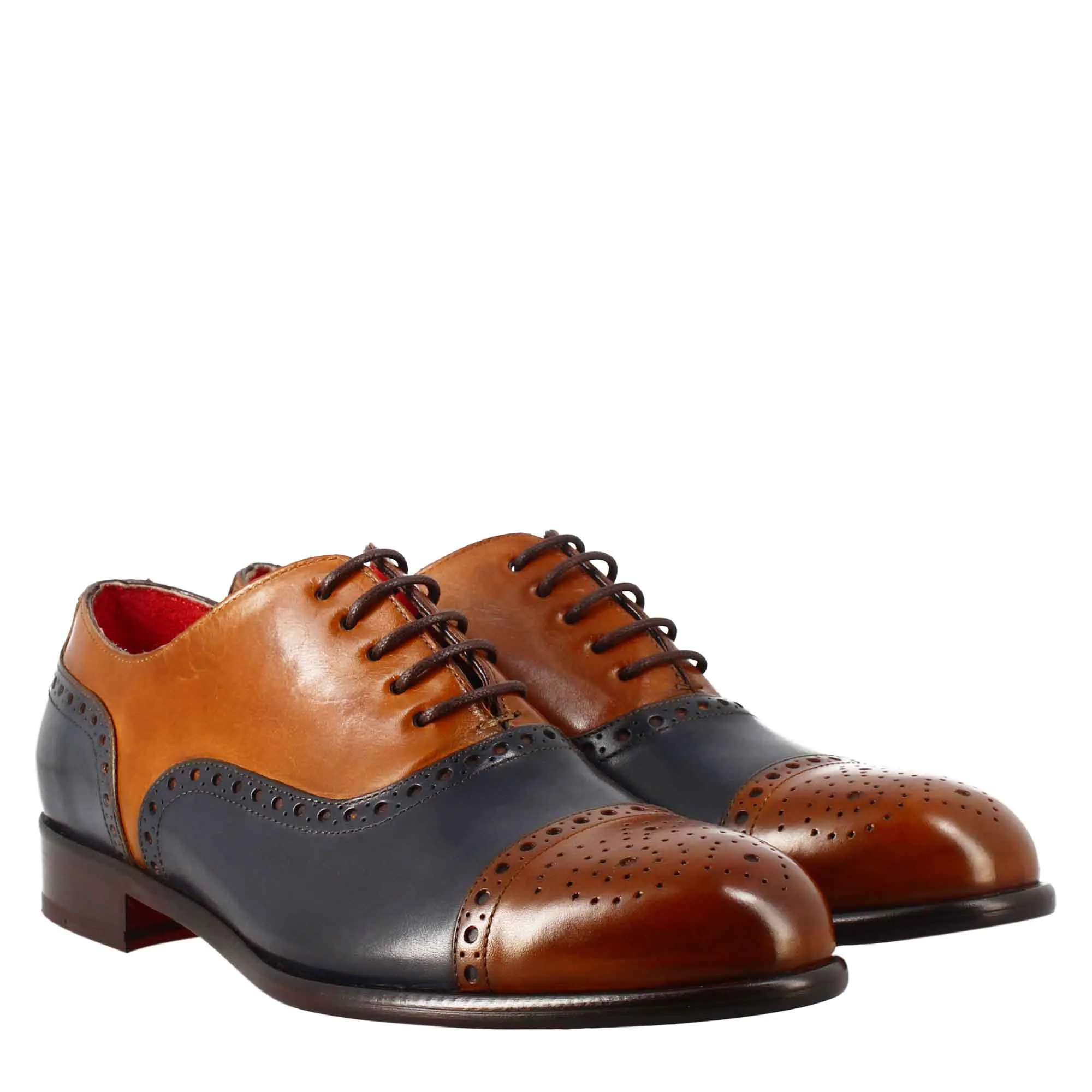 Oxford semi brogue marrone e blu elegante da uomo in pelle